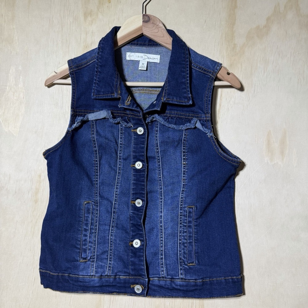 EST 1948 Denim Women’s M Blue Jean Vest Ruffle Stretch Button Front Sleeveless